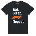f111 merch black color t-shirt with eat-sleep-f1-repeat-orange branding.