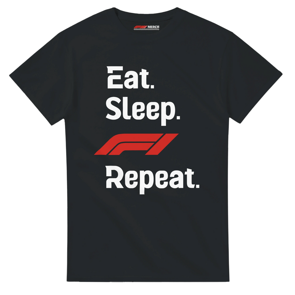 f111 merch black color t-shirt with eat-sleep-f1-repeat-red branding.