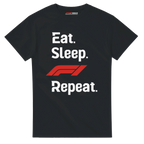f111 merch black color t-shirt with eat-sleep-f1-repeat-red branding.