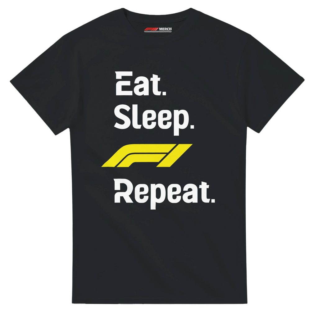 f111 merch black color t-shirt with eat-sleep-f1-repeat-yellow branding.