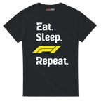 f111 merch black color t-shirt with eat-sleep-f1-repeat-yellow branding.