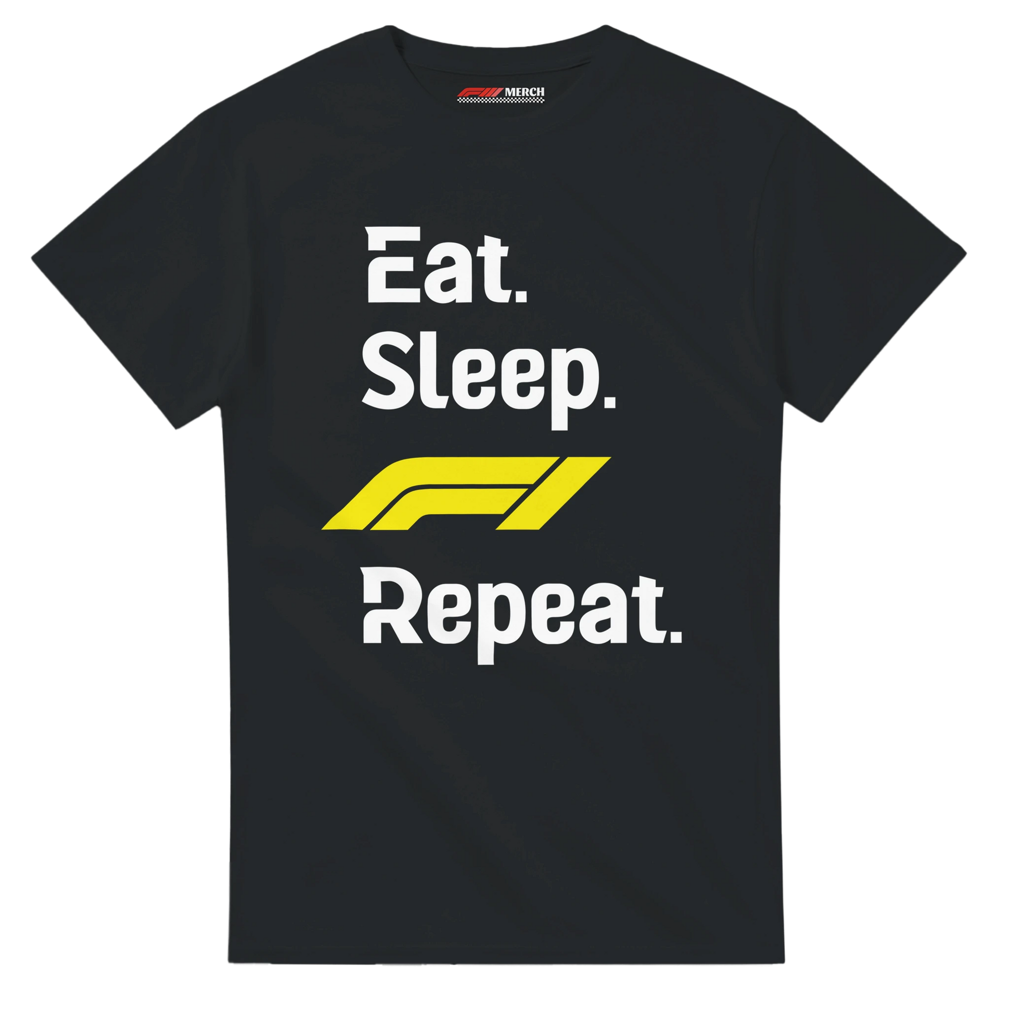 f111 merch black color t-shirt with eat-sleep-f1-repeat-yellow branding.