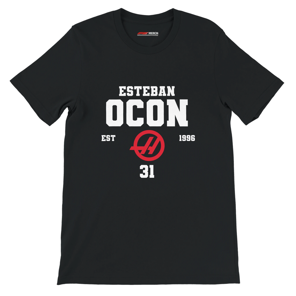 f111 merch black color t-shirt with esteban-ocon branding.