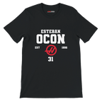 f111 merch black color t-shirt with esteban-ocon branding.