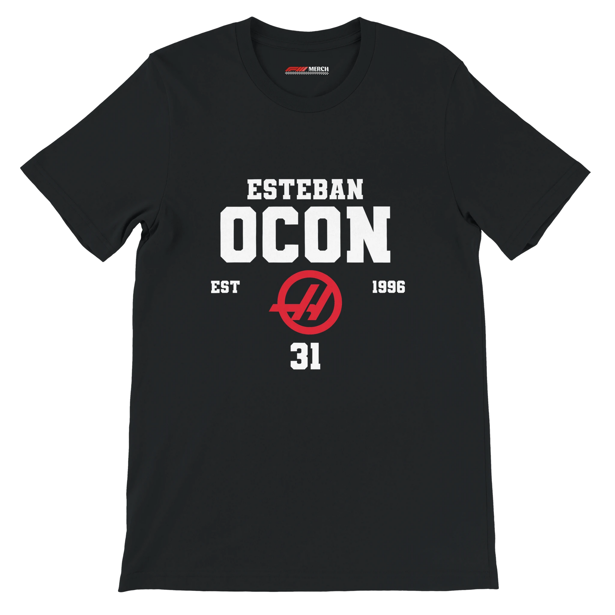 f111 merch black color t-shirt with esteban-ocon branding.