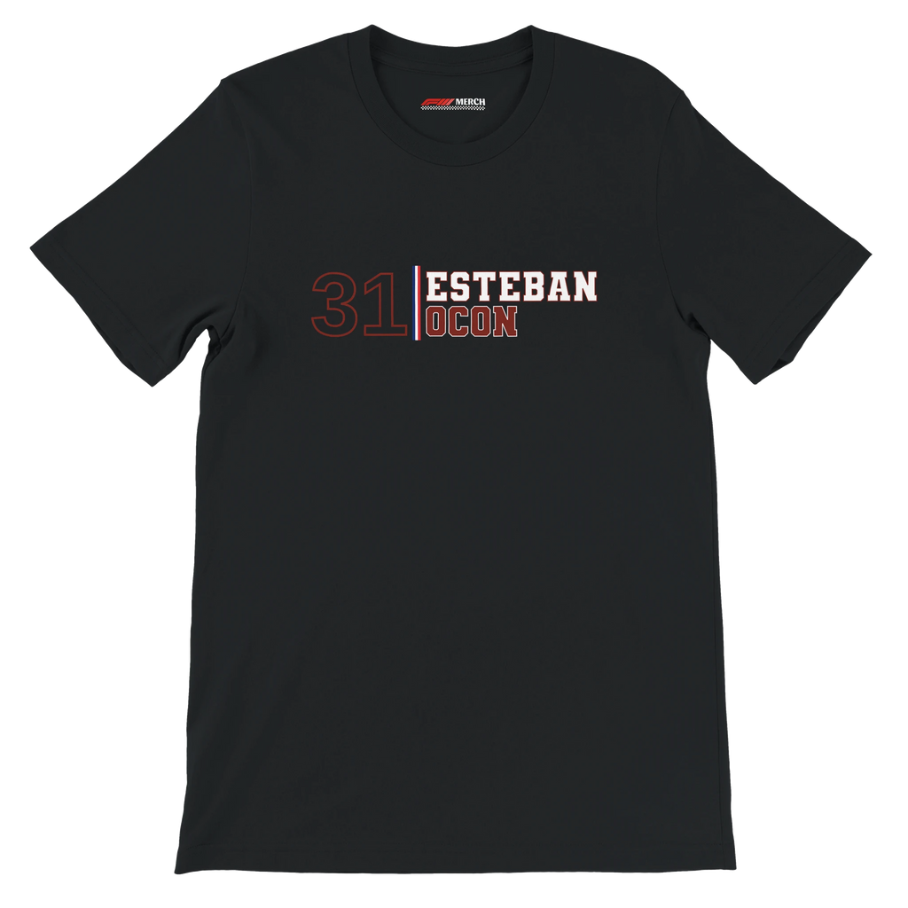 f111 merch black color t-shirt with esteban-ocon branding.