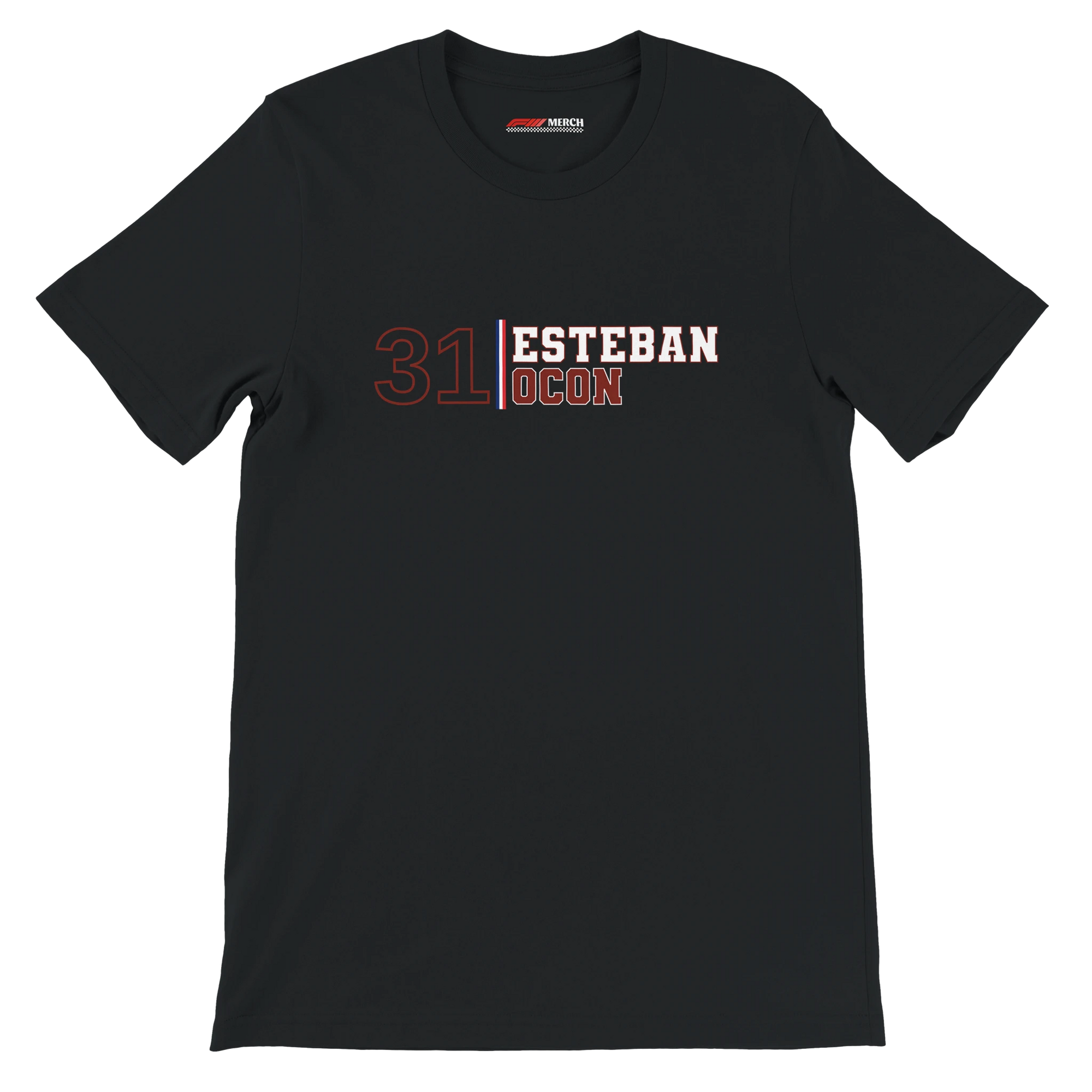 f111 merch black color t-shirt with esteban-ocon branding.