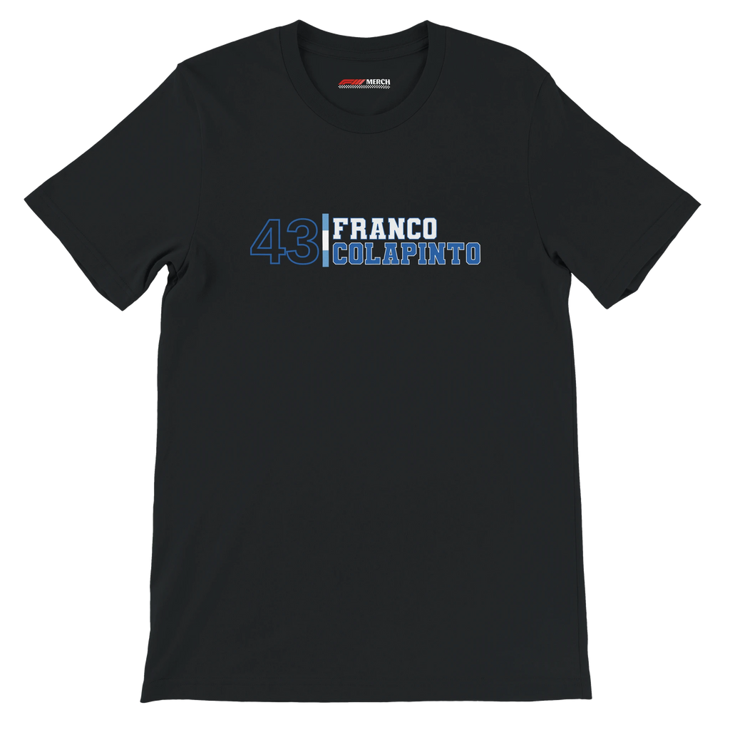 f111 merch black color t-shirt with franco-colapinto branding.