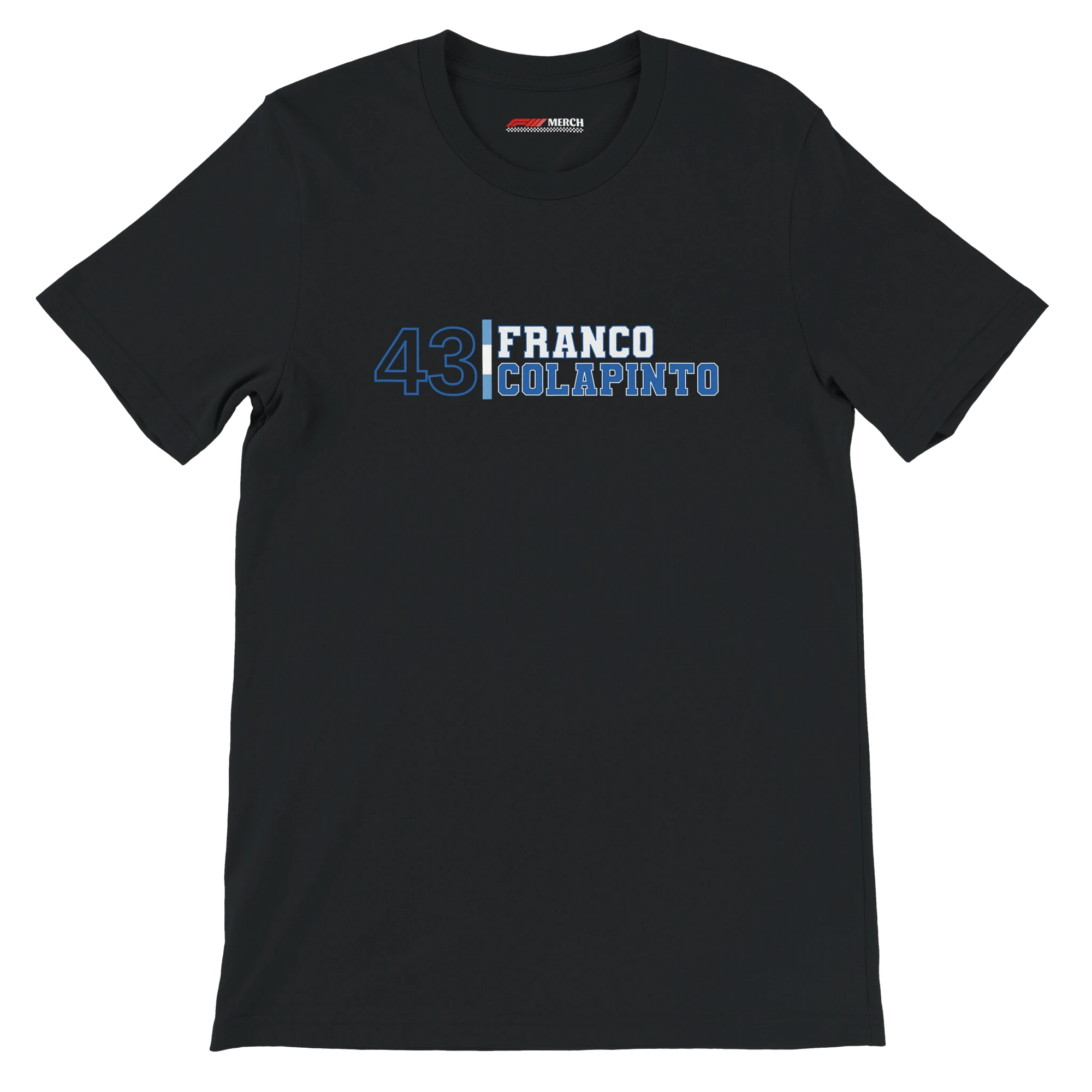 f111 merch black color t-shirt with franco-colapinto branding.