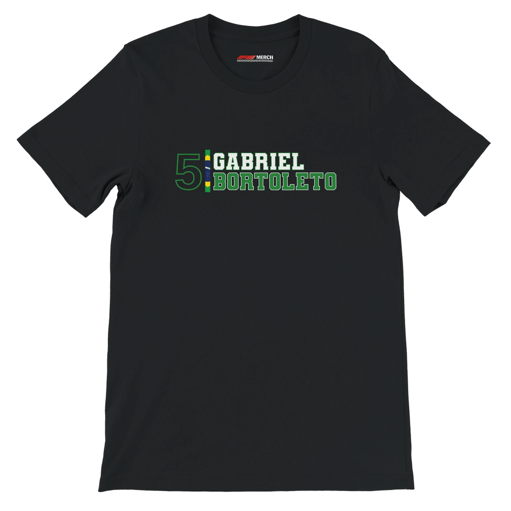 f111 merch black color t-shirt with gabriel-bortoleto branding.