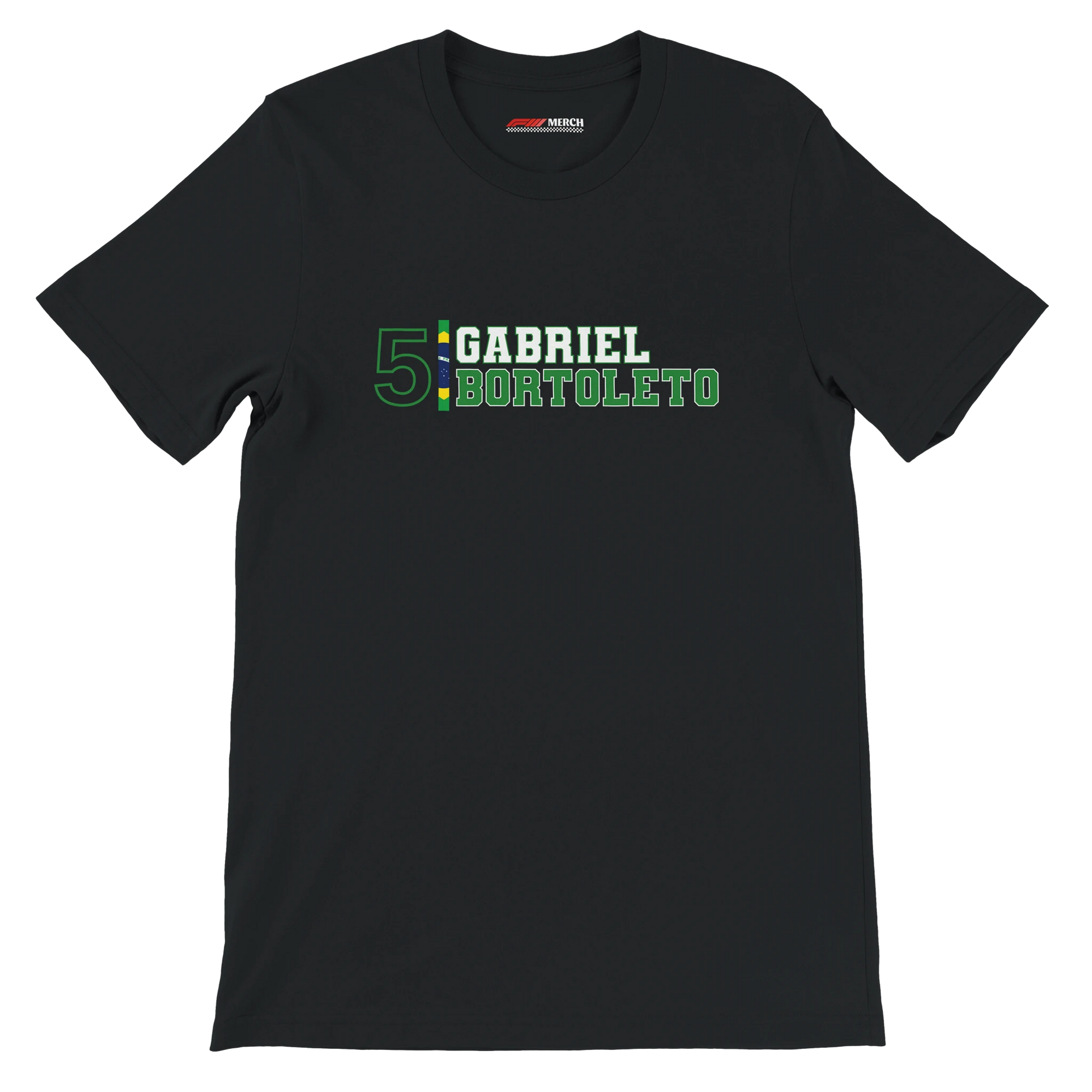 f111 merch black color t-shirt with gabriel-bortoleto branding.