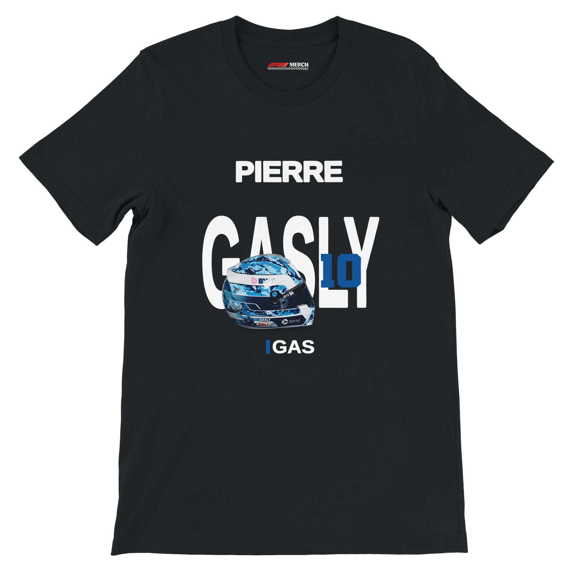 f111 merch black color t-shirt with gasly branding.