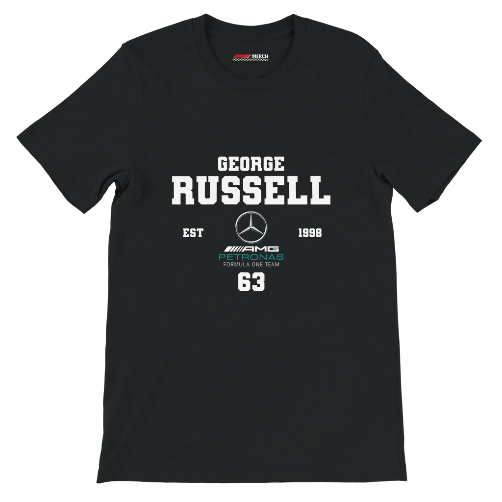 f111 merch black color t-shirt with george-russell branding.