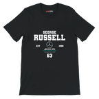 f111 merch black color t-shirt with george-russell branding.