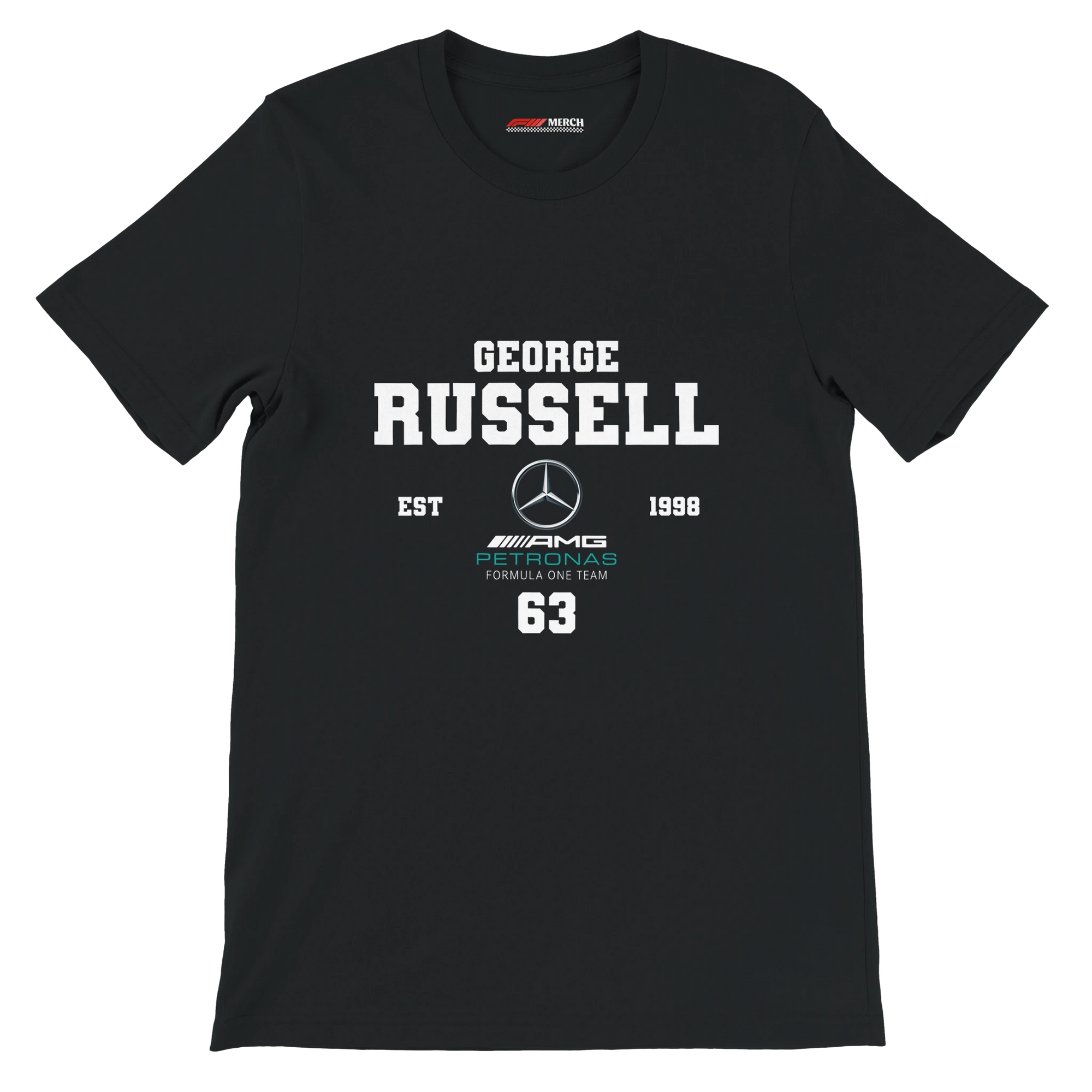 f111 merch black color t-shirt with george-russell branding.