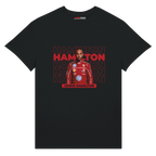f111 merch black color t-shirt with hamilton branding.