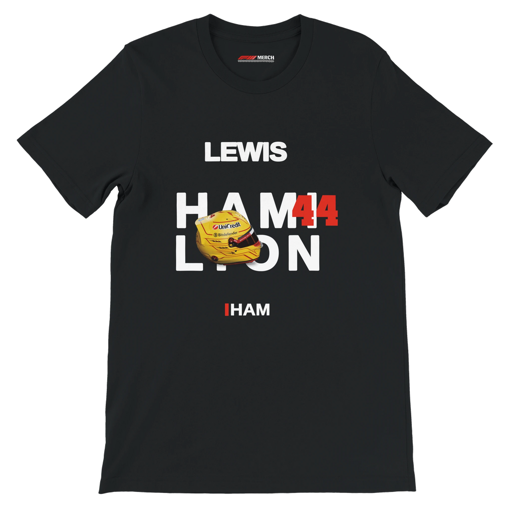 f111 merch black color t-shirt with hamilton branding.