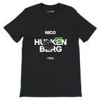 f111 merch black color t-shirt with hulkenberg branding.