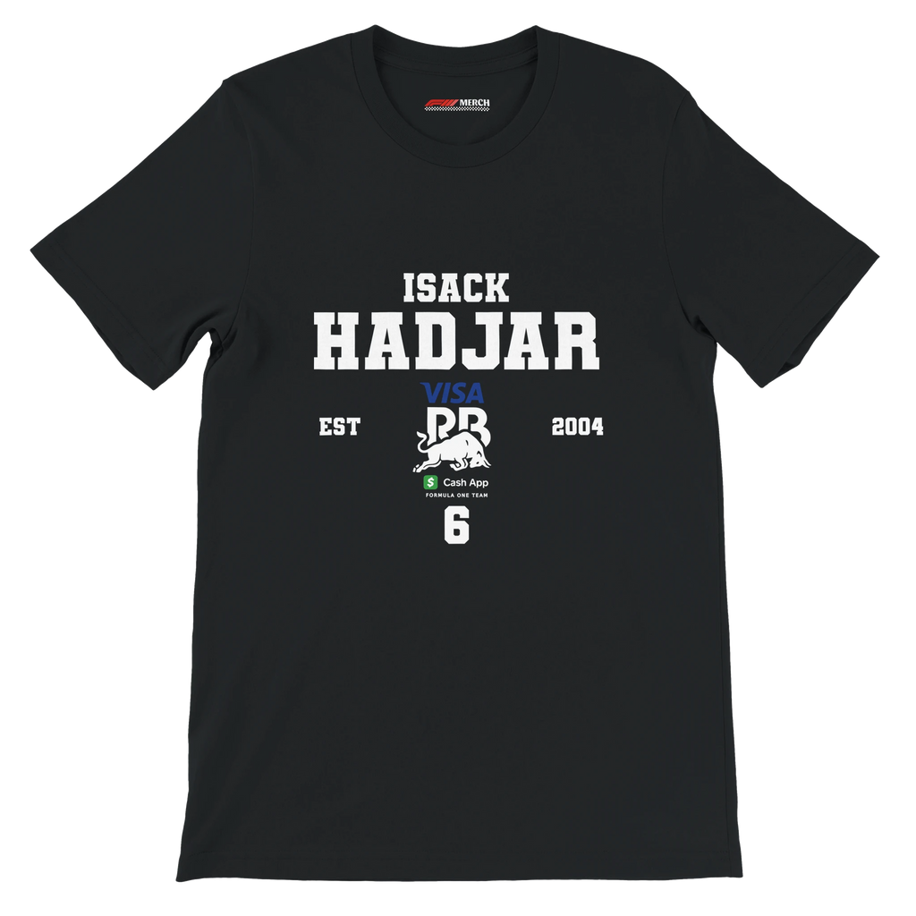 f111 merch black color t-shirt with isack-hadjar branding.
