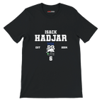 f111 merch black color t-shirt with isack-hadjar branding.