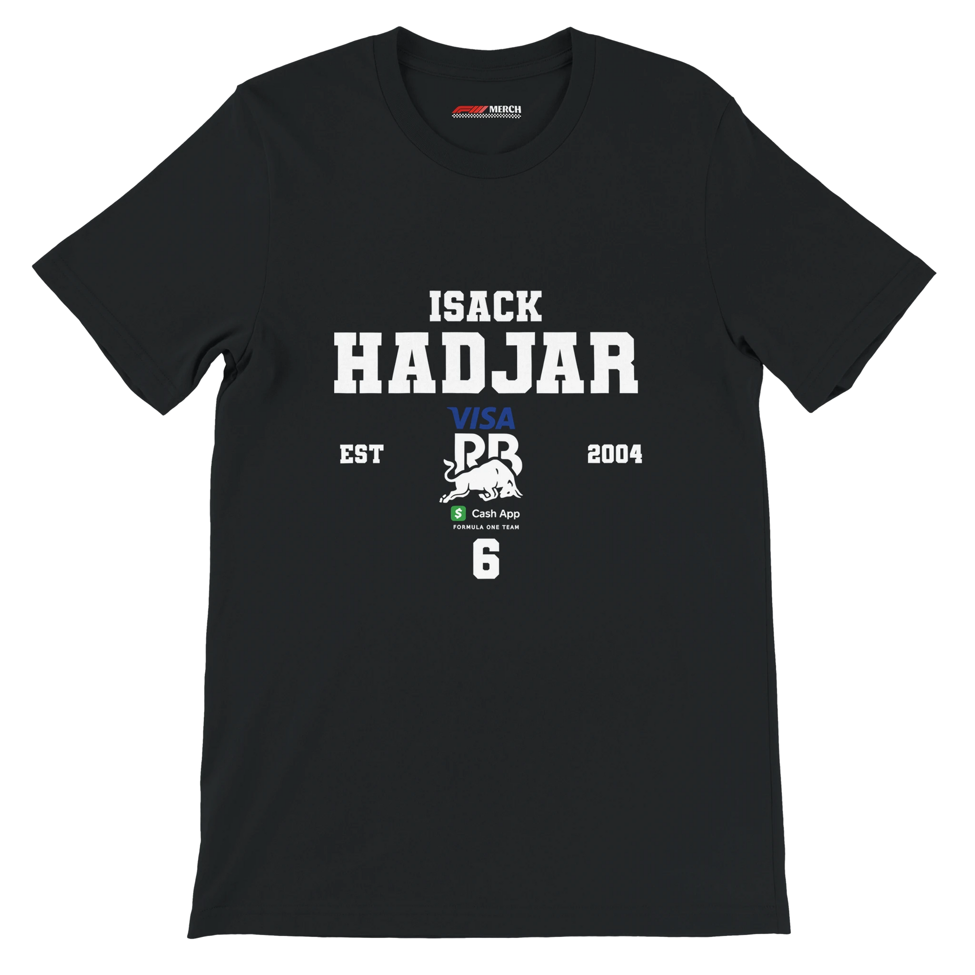 f111 merch black color t-shirt with isack-hadjar branding.