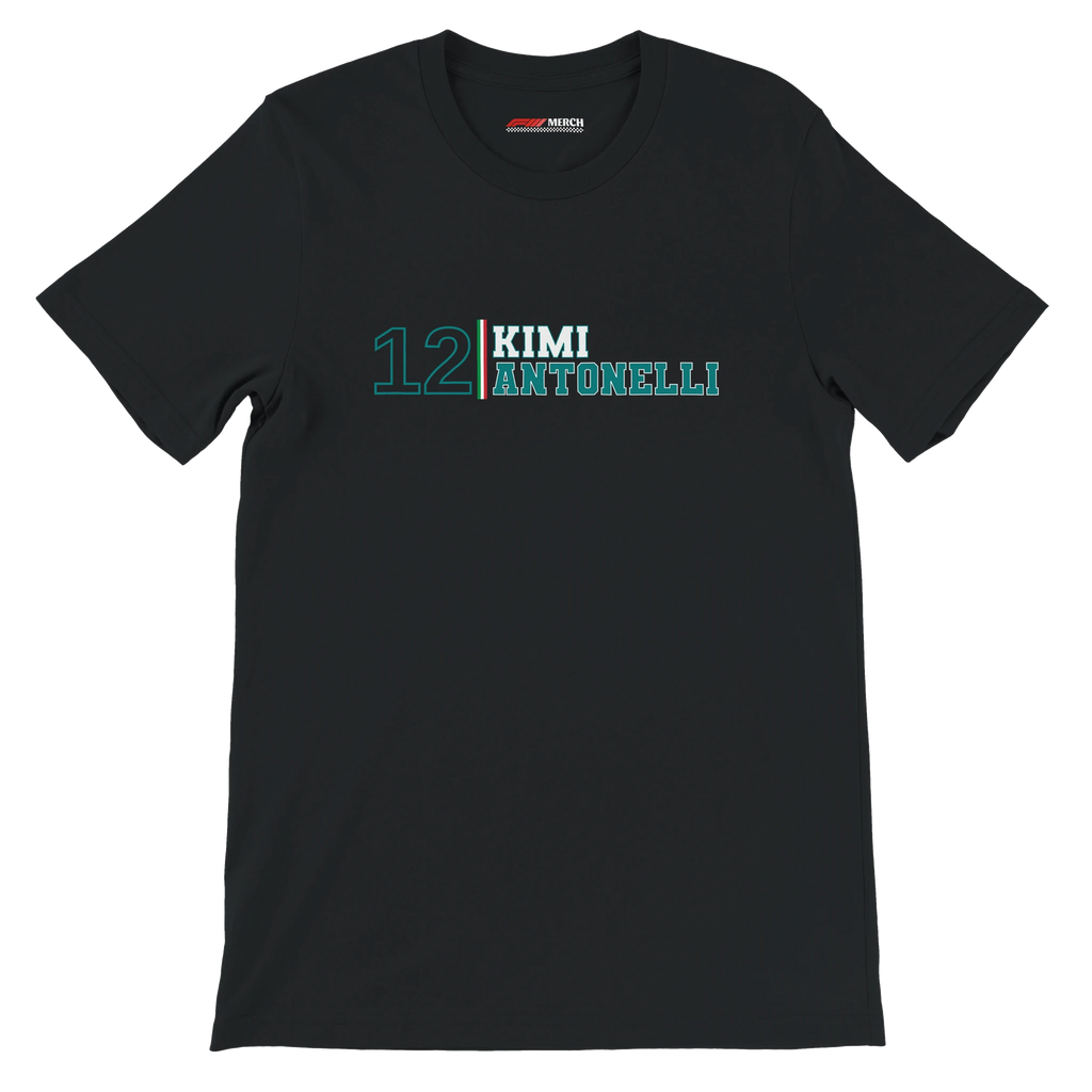 f111 merch black color t-shirt with kimi-antonelli branding.