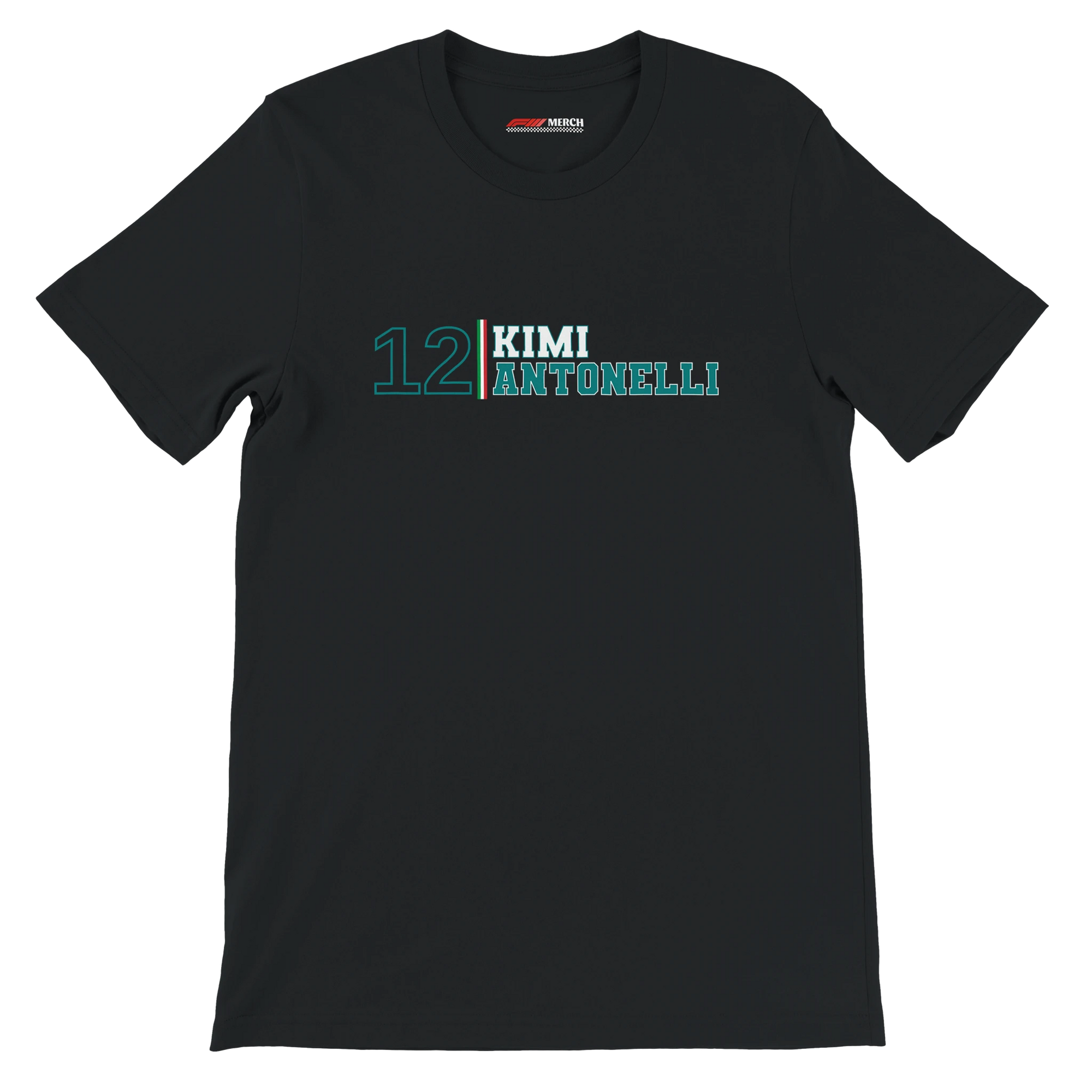 f111 merch black color t-shirt with kimi-antonelli branding.