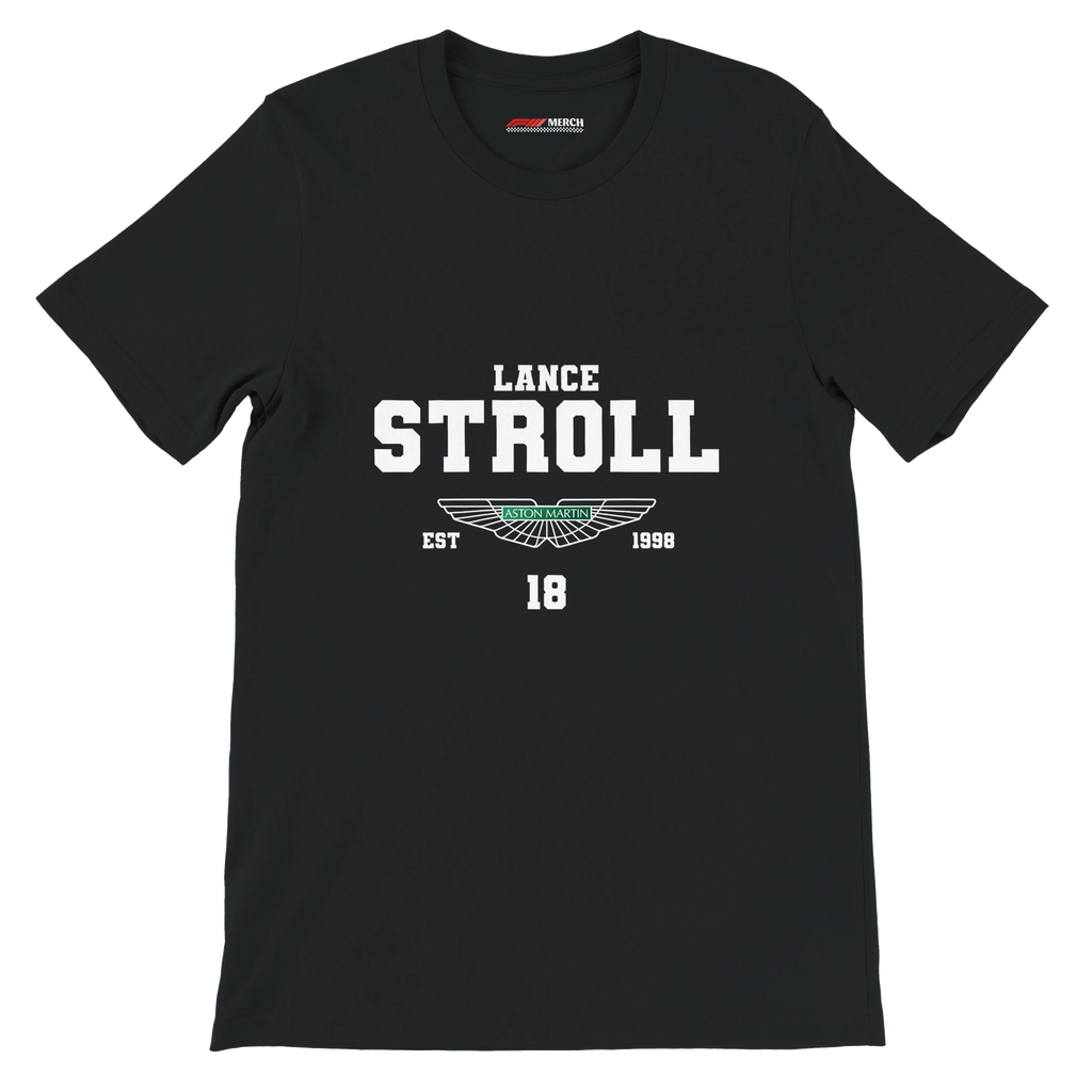 f111 merch black color t-shirt with lance-stroll branding.