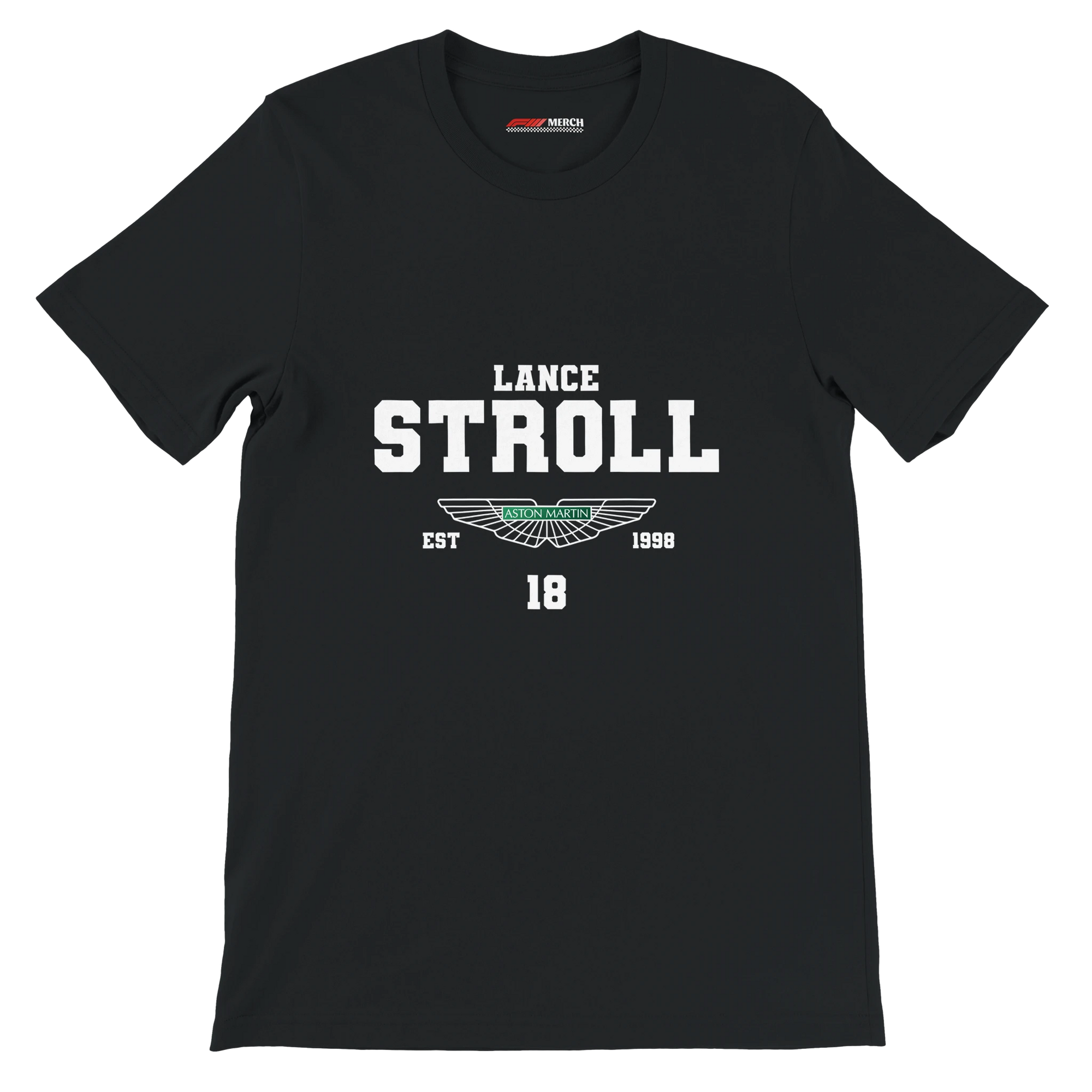 f111 merch black color t-shirt with lance-stroll branding.