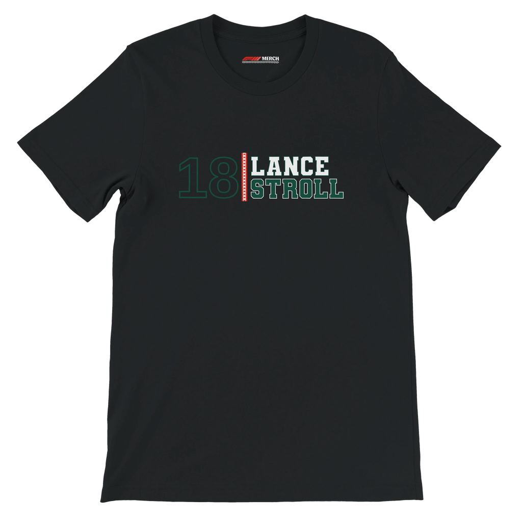 f111 merch black color t-shirt with lance-stroll branding.