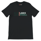 f111 merch black color t-shirt with lance-stroll branding.
