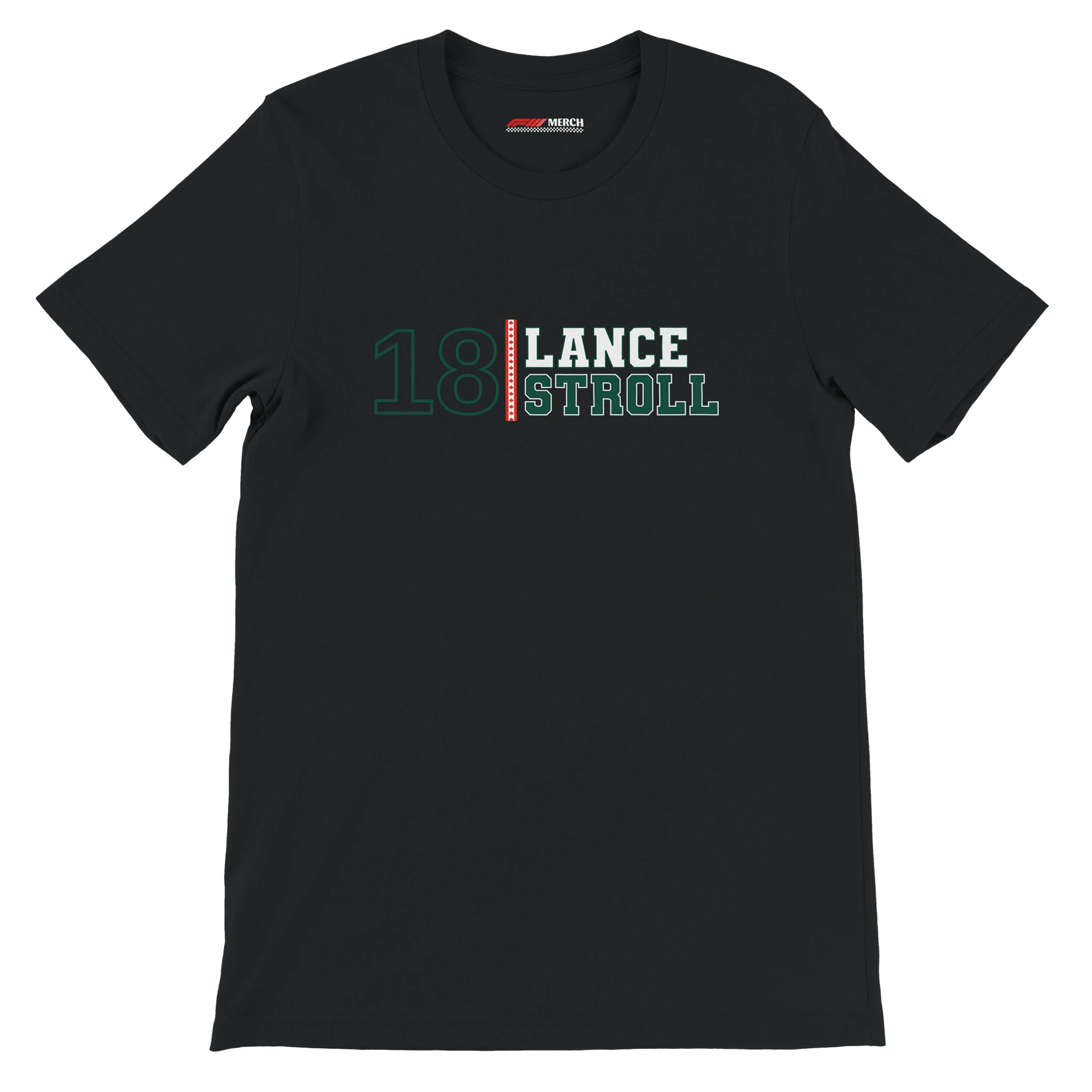 f111 merch black color t-shirt with lance-stroll branding.