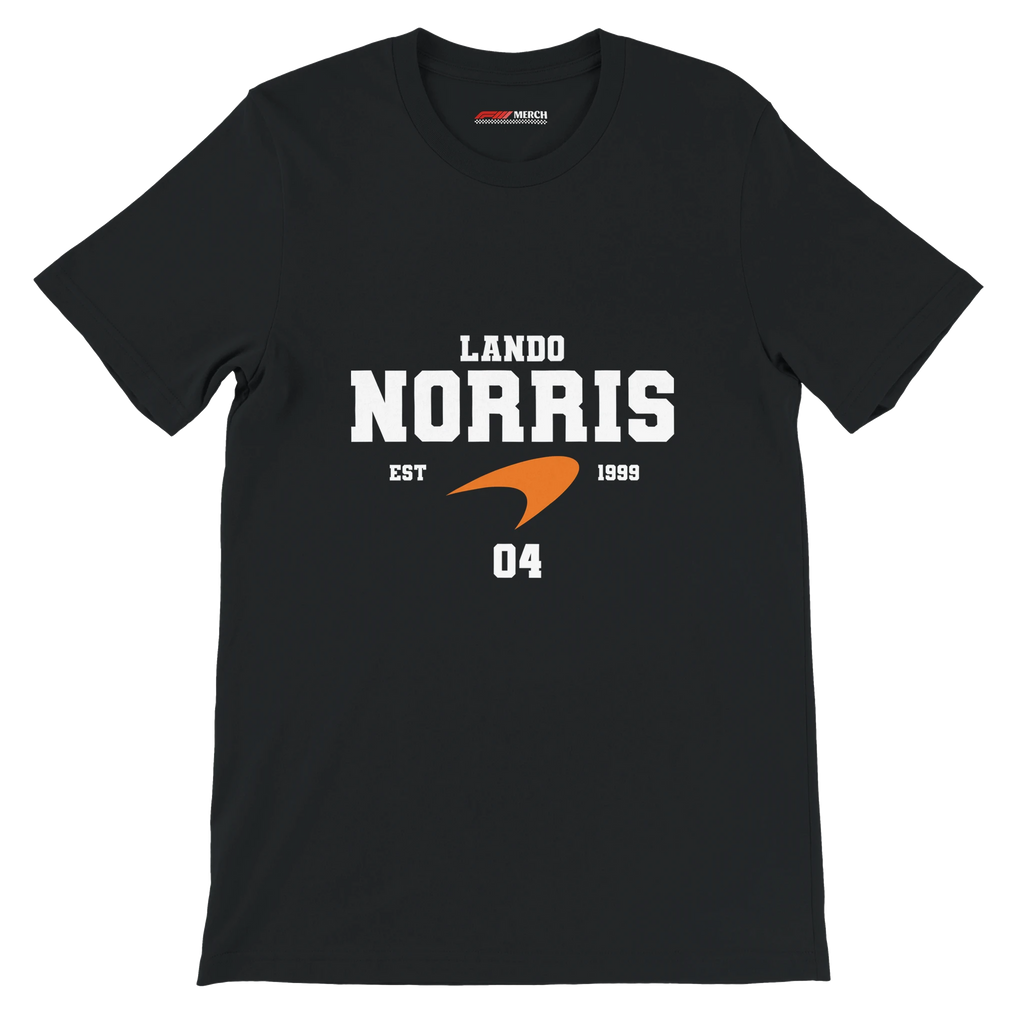 f111 merch black color t-shirt with lando-norris branding.