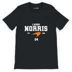 f111 merch black color t-shirt with lando-norris branding.