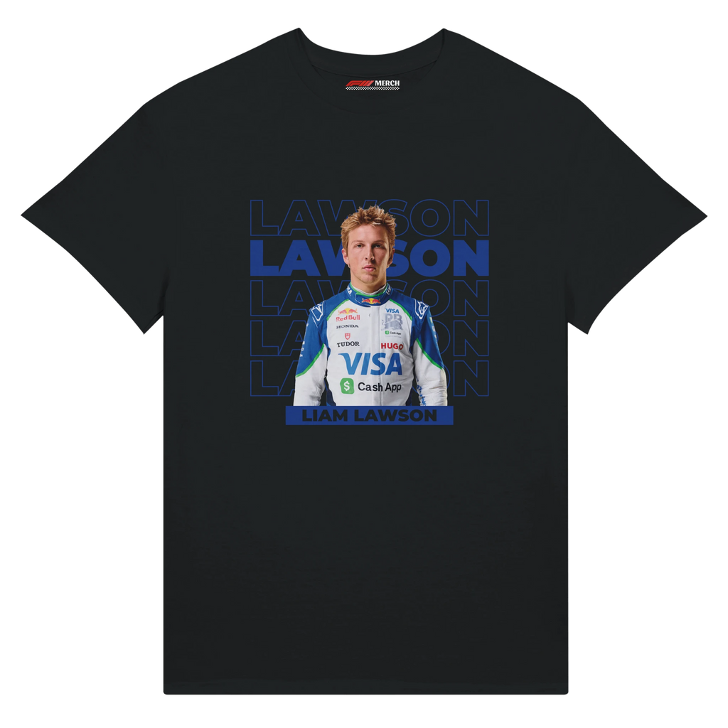 f111 merch black color t-shirt with lawson branding.