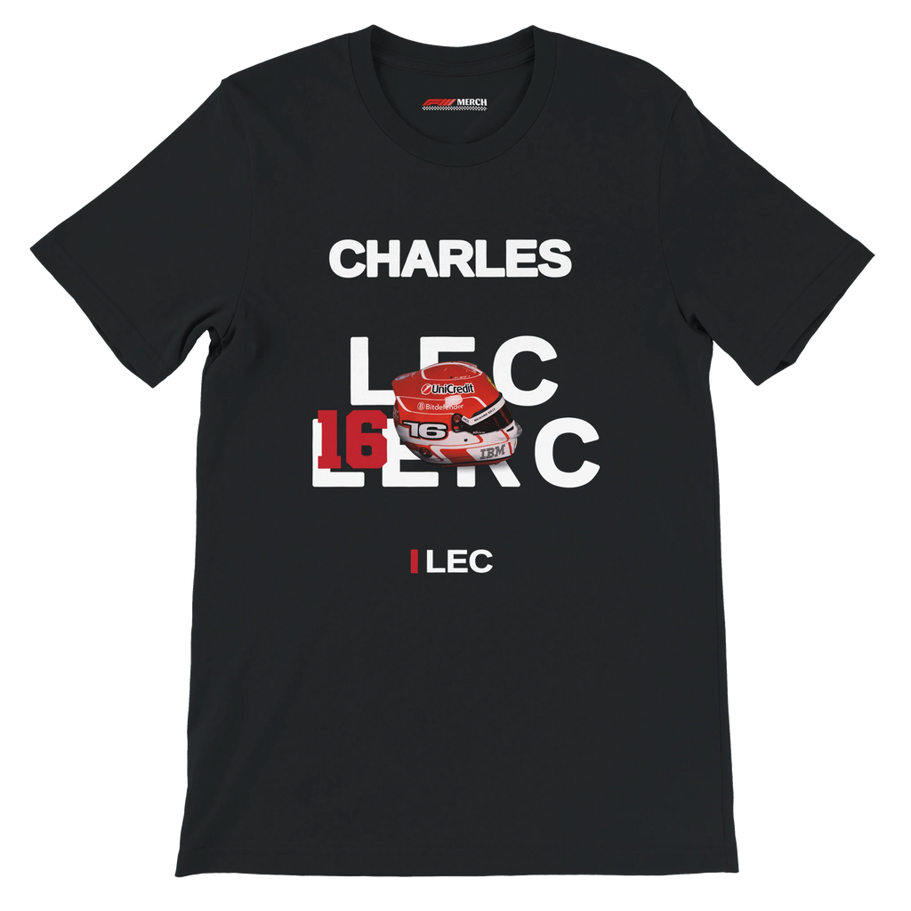 f111 merch black color t-shirt with leclerc branding.