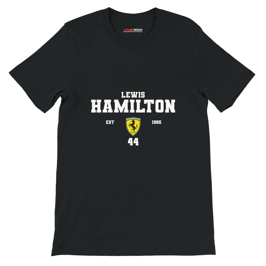 f111 merch black color t-shirt with lewis-hamilton branding.