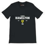 f111 merch black color t-shirt with lewis-hamilton branding.