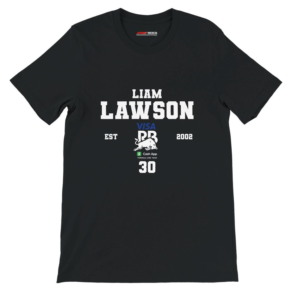 f111 merch black color t-shirt with liam-lawson branding.
