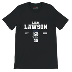 f111 merch black color t-shirt with liam-lawson branding.