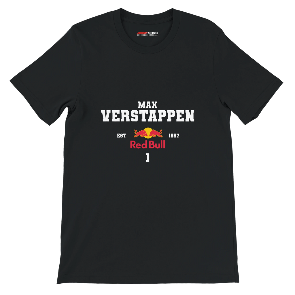 f111 merch black color t-shirt with max-verstappen branding.