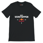 f111 merch black color t-shirt with max-verstappen branding.