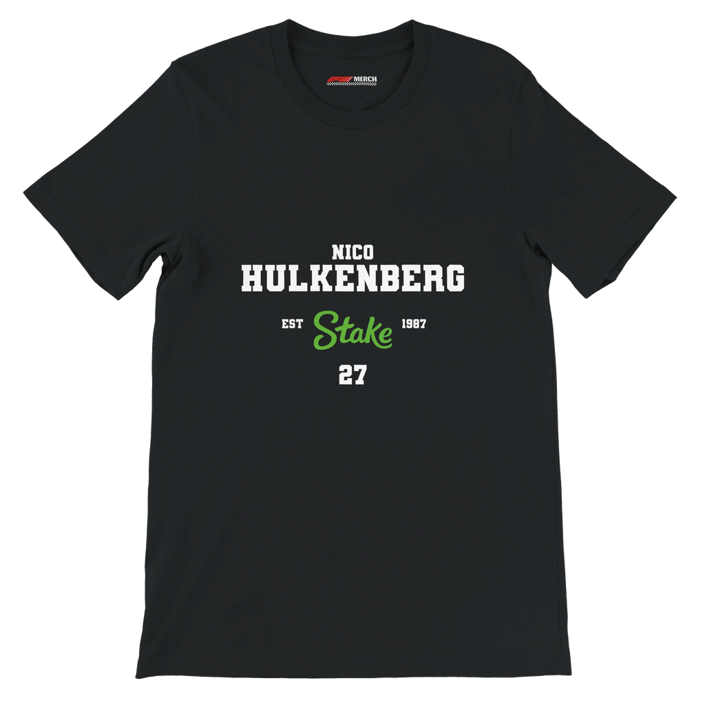 f111 merch black color t-shirt with nico-hulkenberg branding.