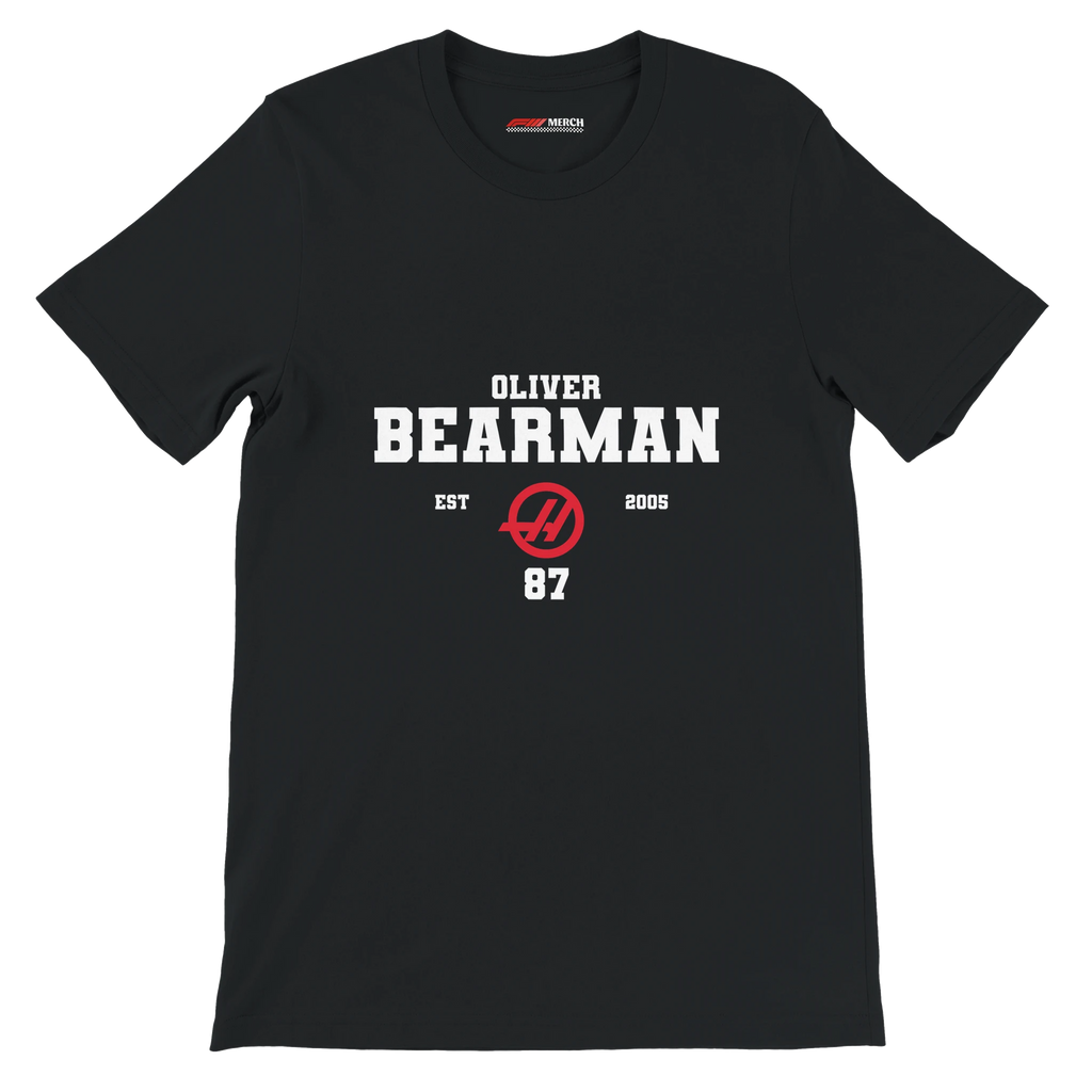 f111 merch black color t-shirt with oliver-bearman branding.