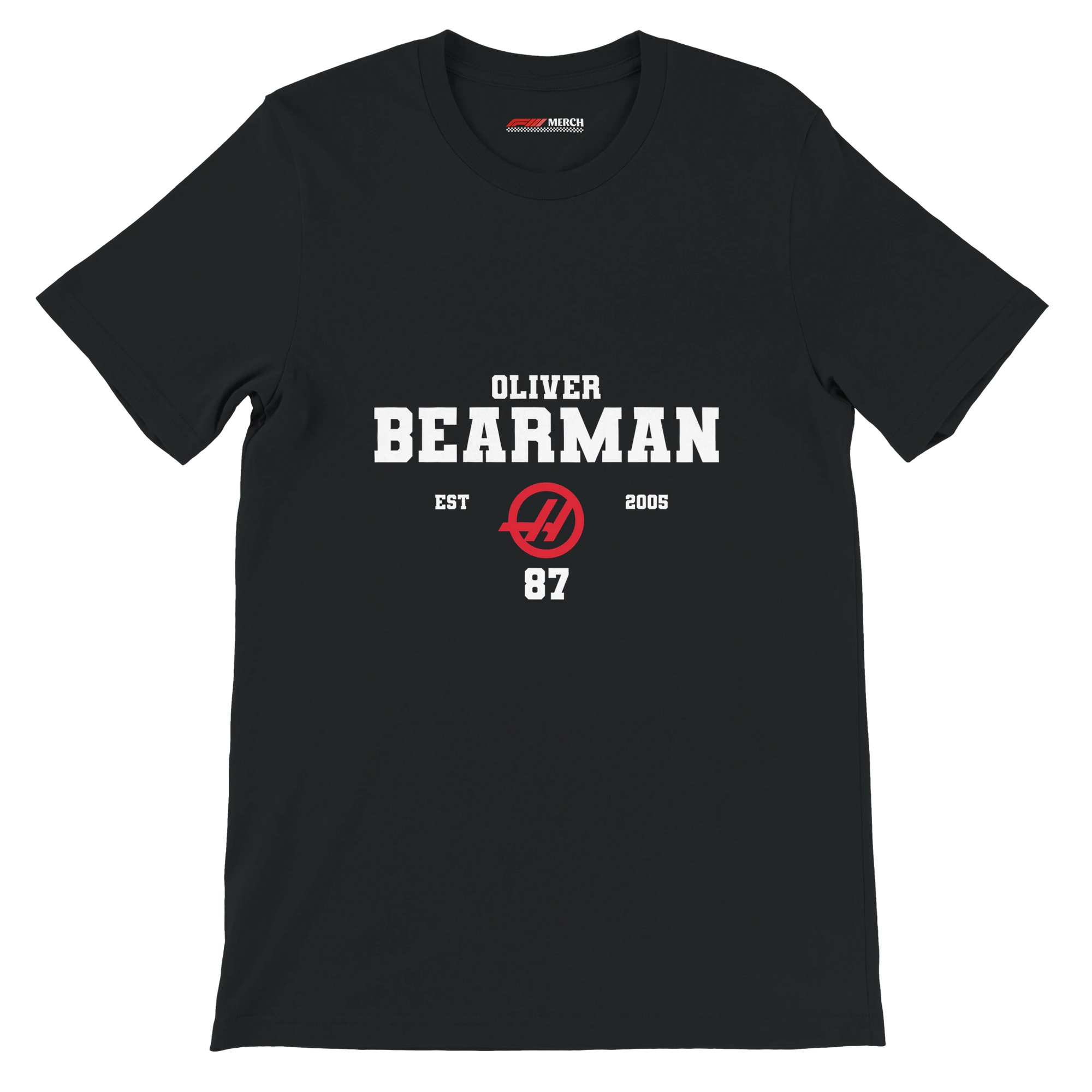 f111 merch black color t-shirt with oliver-bearman branding.