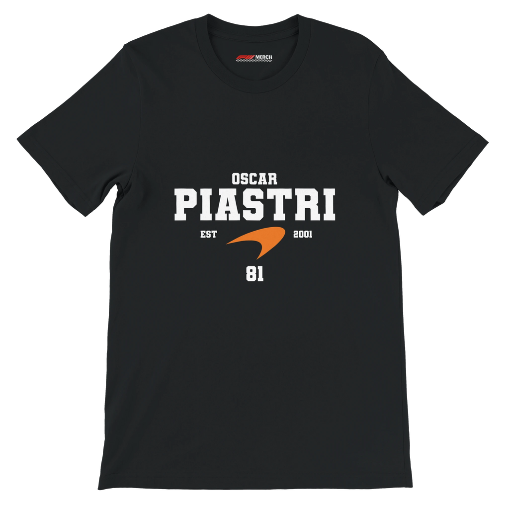 f111 merch black color t-shirt with oscar-piastri branding.