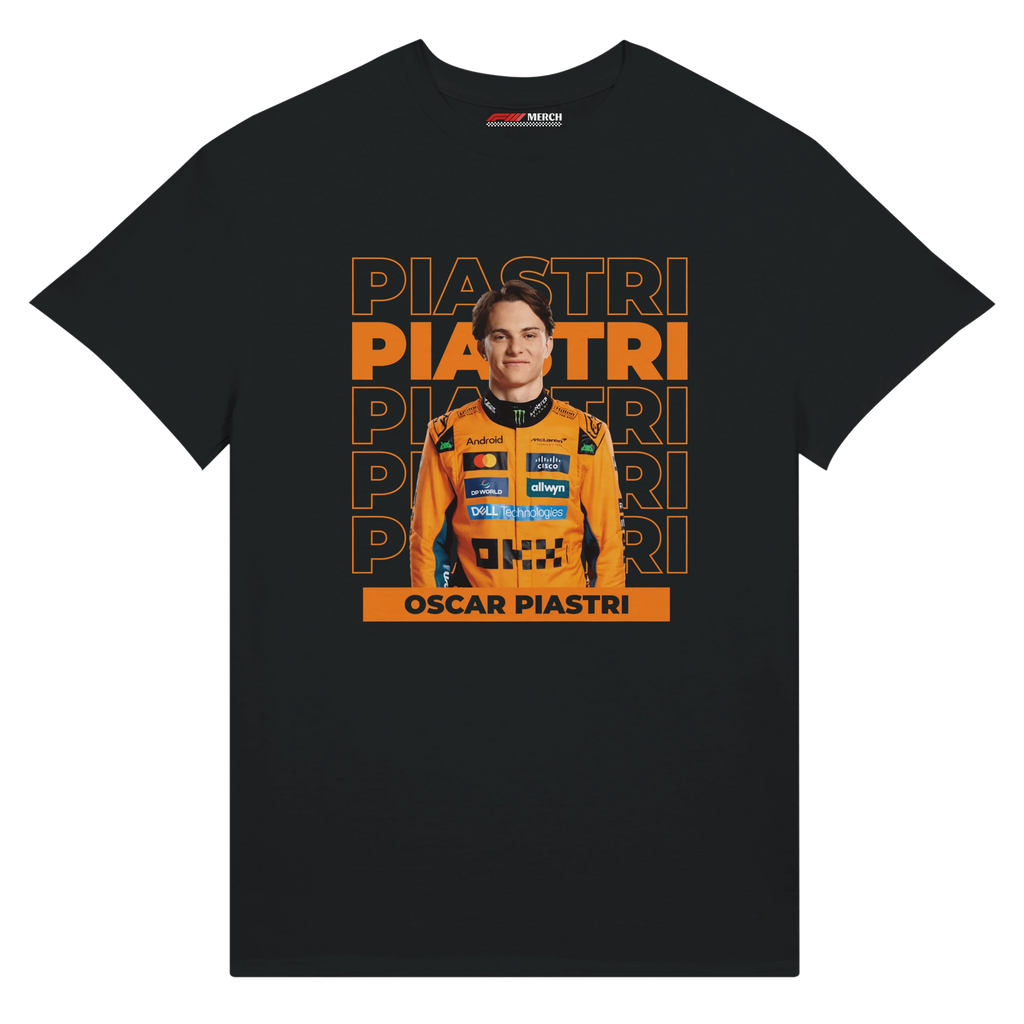 f111 merch black color t-shirt with piastri branding.