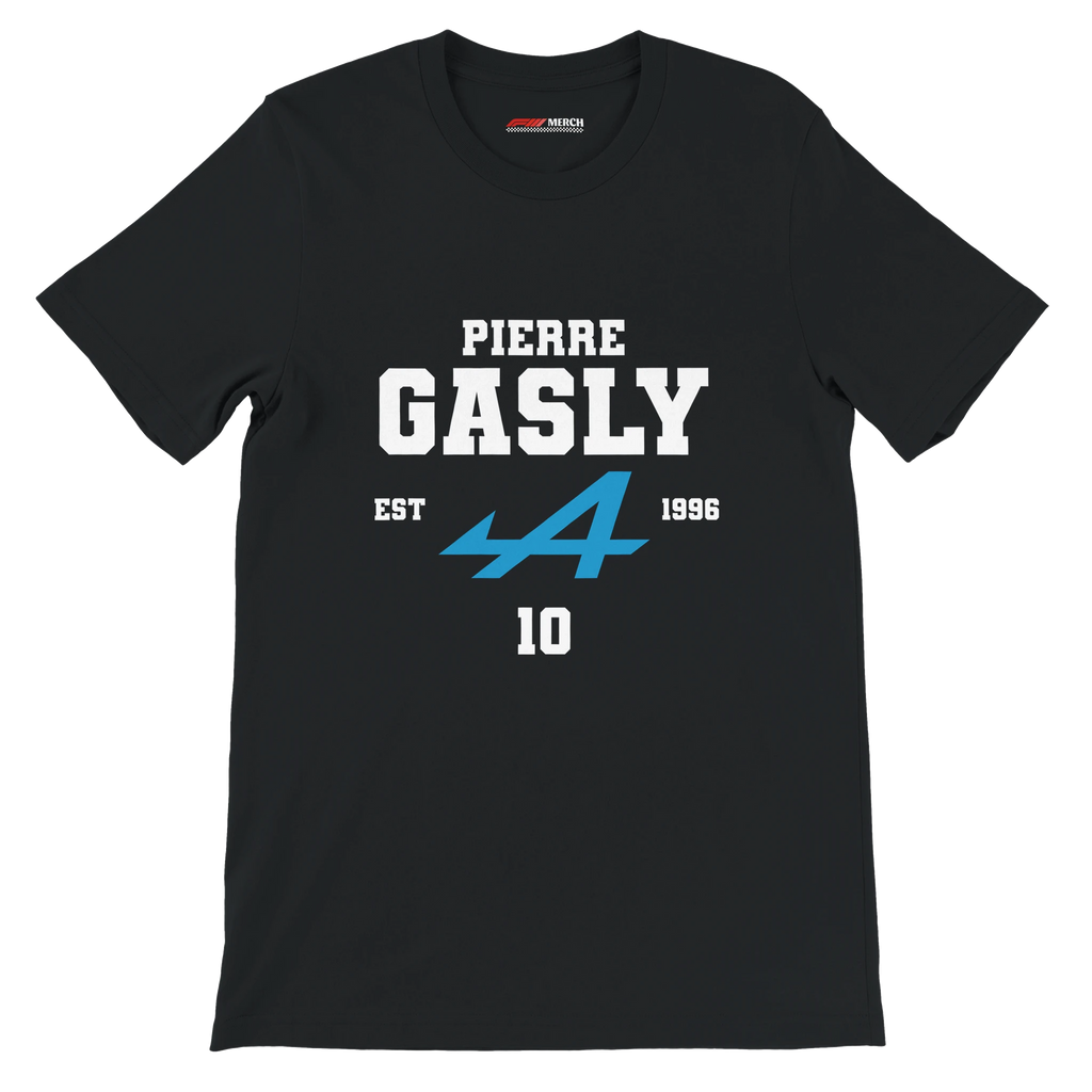 f111 merch black color t-shirt with pierre-gasly branding.