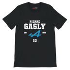 f111 merch black color t-shirt with pierre-gasly branding.