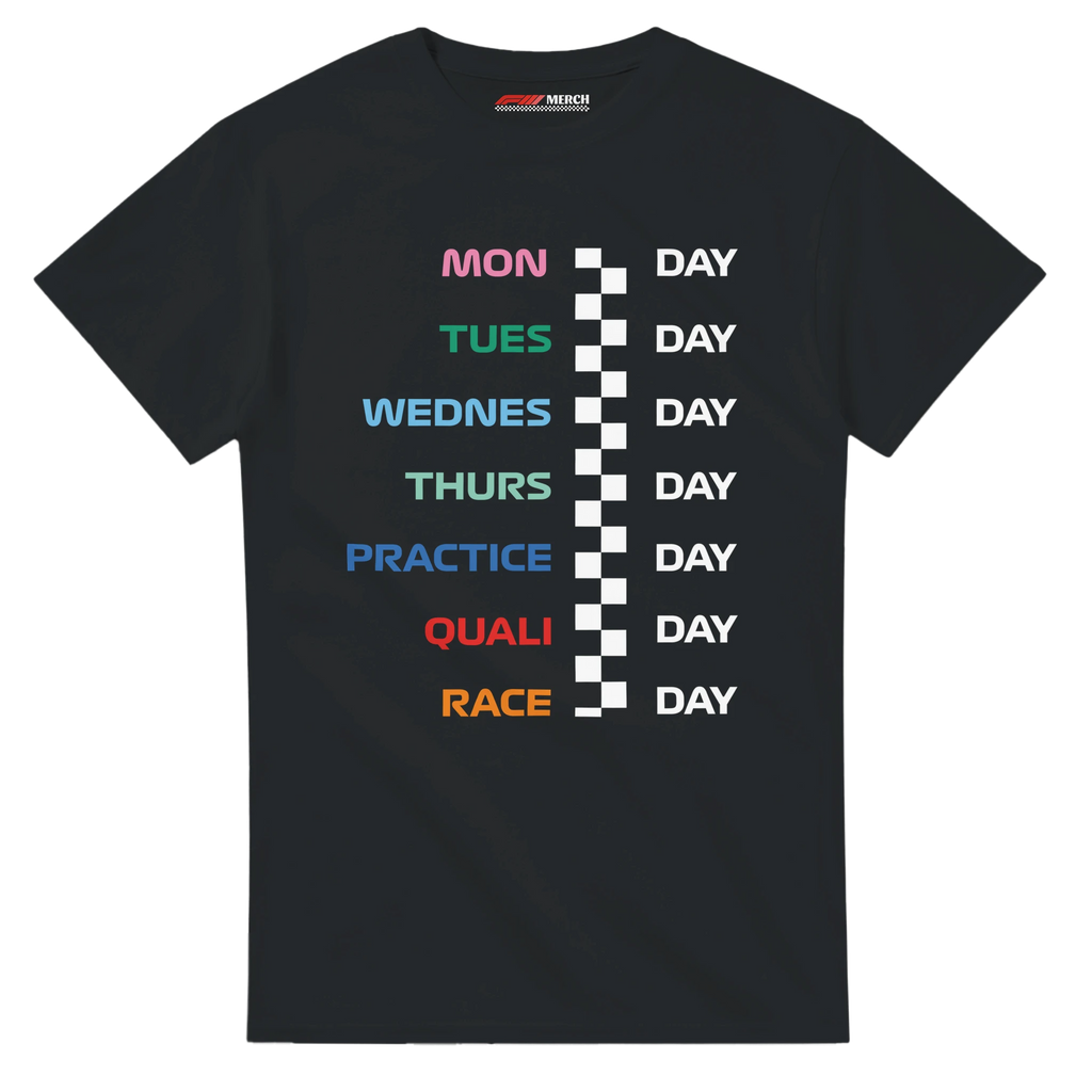 f111 merch black color t-shirt with race_week branding.